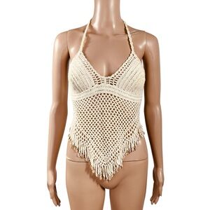 Cream Crochet Halter Top With Seashell Charm Accents O/S